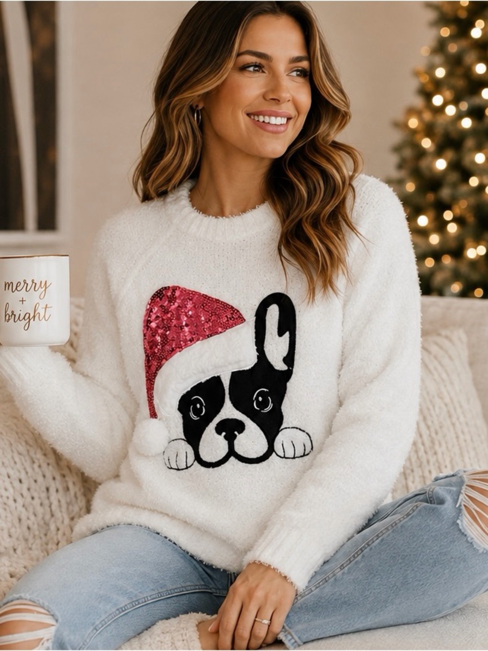 Cozy White Holiday Frenchie Sweater - Sequined Santa Hat
